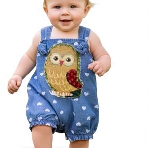 Carter's Chambray Polka Dot Newborn‎ Romper with Appliqué Owl Hand Crafted